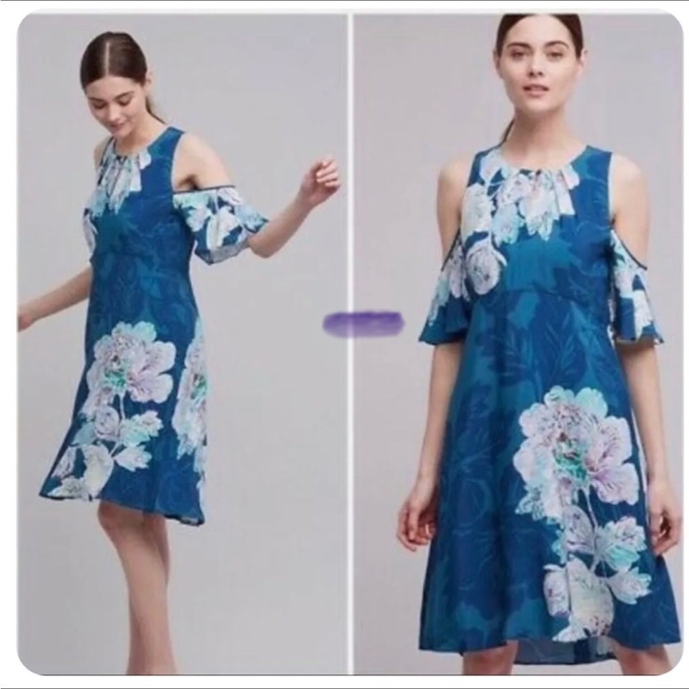NWT Anthropologie Maeve Elia Teal Floral Cold Shoulder Dress Floral Key